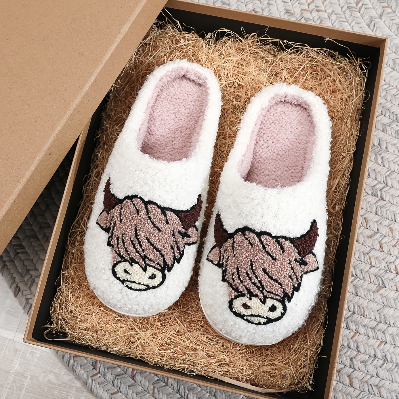 Cute Cartoon Cow Pattern Plush Lined Slip-On Slippers - Ultra Soft Fabric Upper, Comfortable Indoor Shoes with TPR Sole, Tribal Style Design - All-Sea