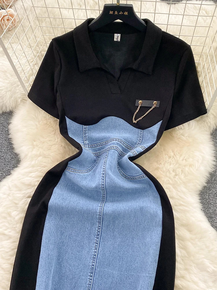 XFPV Women Temperament Short Sleeve Contrast Color Patchwork Denim Dress Vestidos Korean Fashion Spring Autumn SM9365 240828