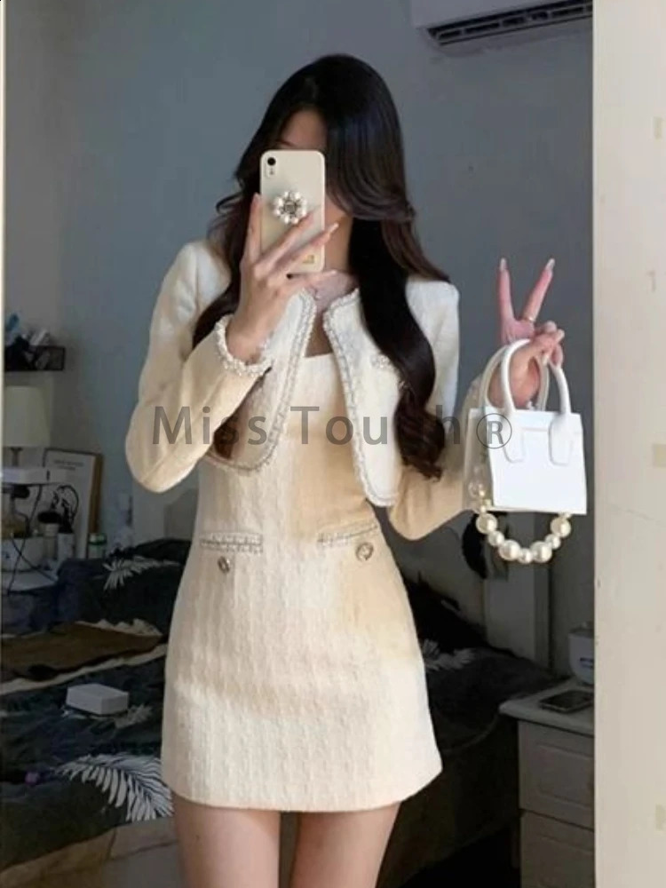 White French Retro Two Piece Womens Designer Ultra Thin Party Dress Short Coat Elegant Belt 240828