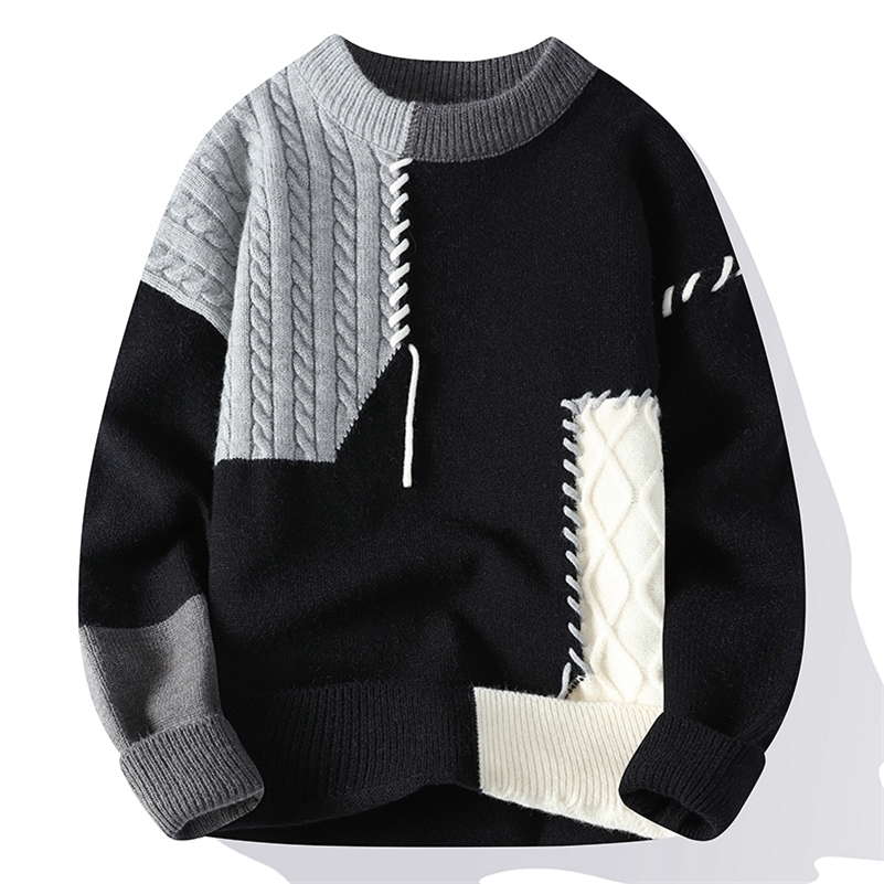 Autumn Winter Warm Mens Knitted Sweaters Fashion Patchwork O Neck Knit Pullovers Korean Streetwear Pullover Casual Mens Clothing 240828