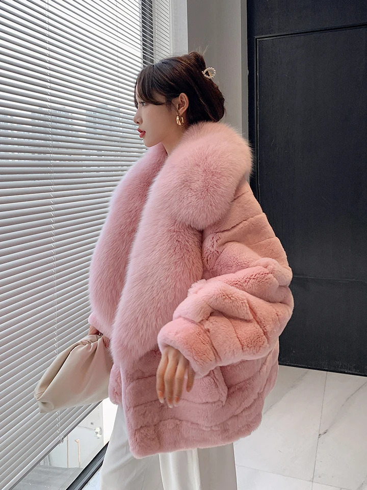 Womens Real Rex Rabbit Fur Coat Long Natural All Pelt Chinchilla Colorful Leather Jacket With Fox Collar