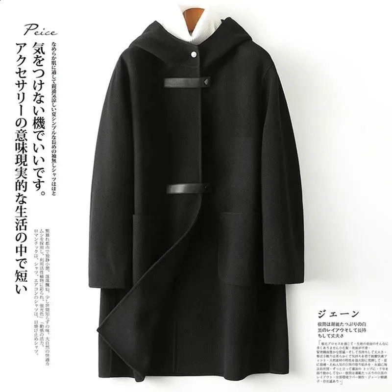 Fashion Hooded Cashmere Womens Autumn And Winter Double-Sided Windproof Hine Temperature Ultra-Thin Wool Coat
