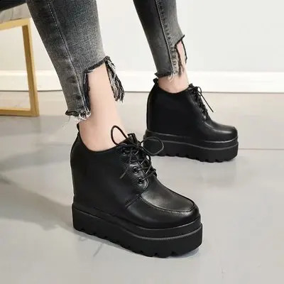 High Platform Patent Leather Casual Shoes Women Autumn Wedge Trainers For Women 12 CM Height Increasing Sneakers Black 240827