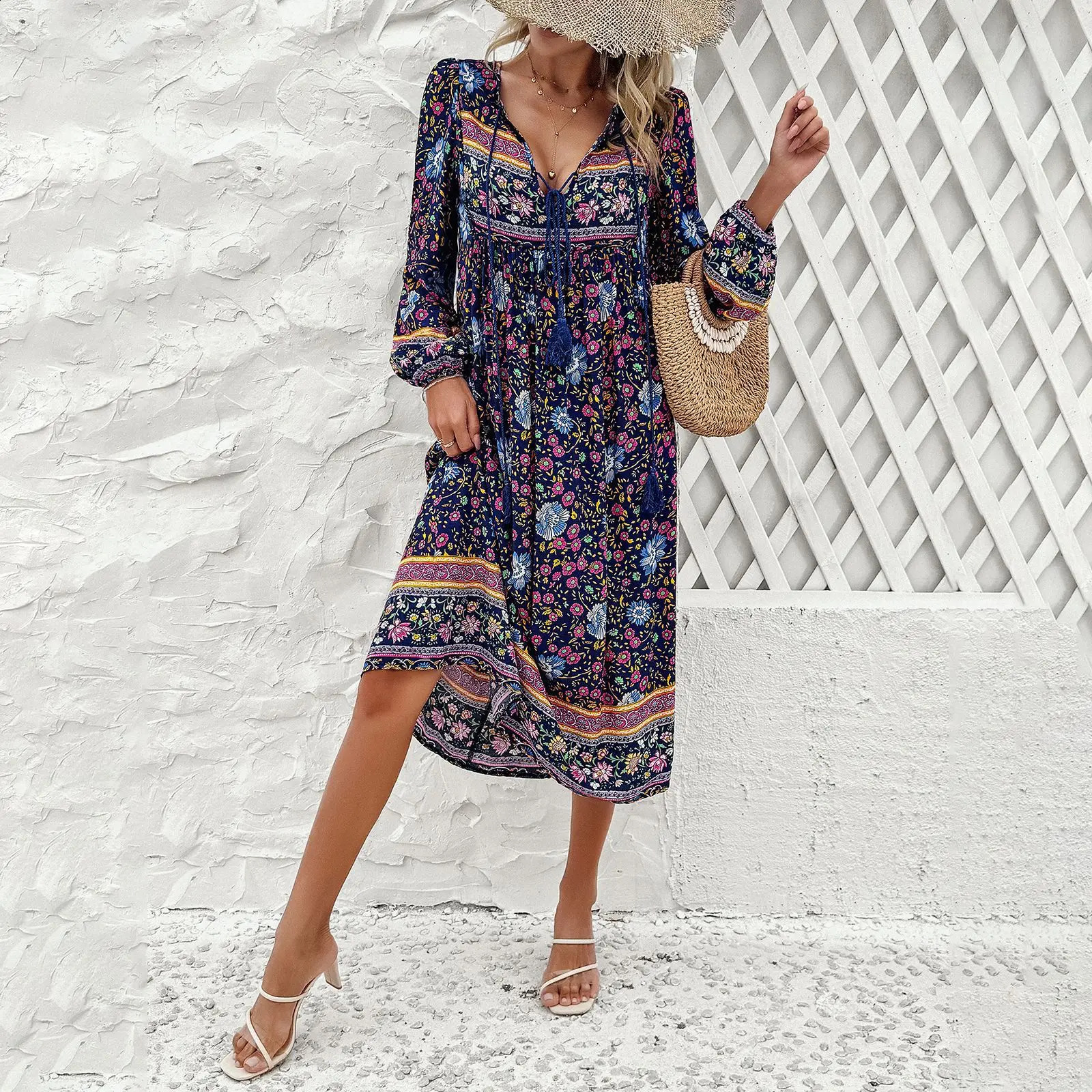 High quality womens springsummer casual vacation printed long sleeved dress with brushed Bohemian Y2k 240828