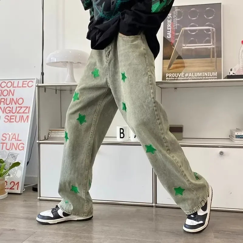 Fashionable retro washed green star embroidered full letter jeans American style straight leg casual pants 240829