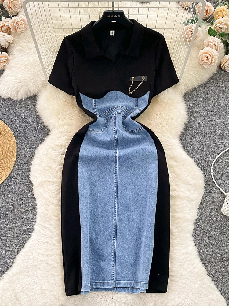 XFPV Women Temperament Short Sleeve Contrast Color Patchwork Denim Dress Vestidos Korean Fashion Spring Autumn SM9365 240828
