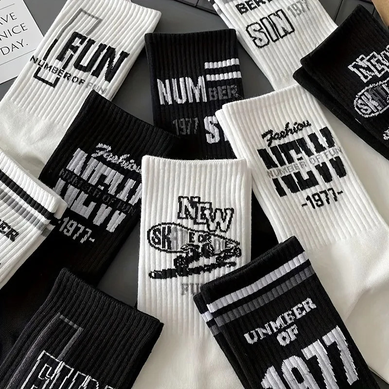 5 Pairs Of Mens Trendy Creative Letter Pattern Crew Socks Breathable Comfy Casual Unisex For Outdoor Wearing All S 240828