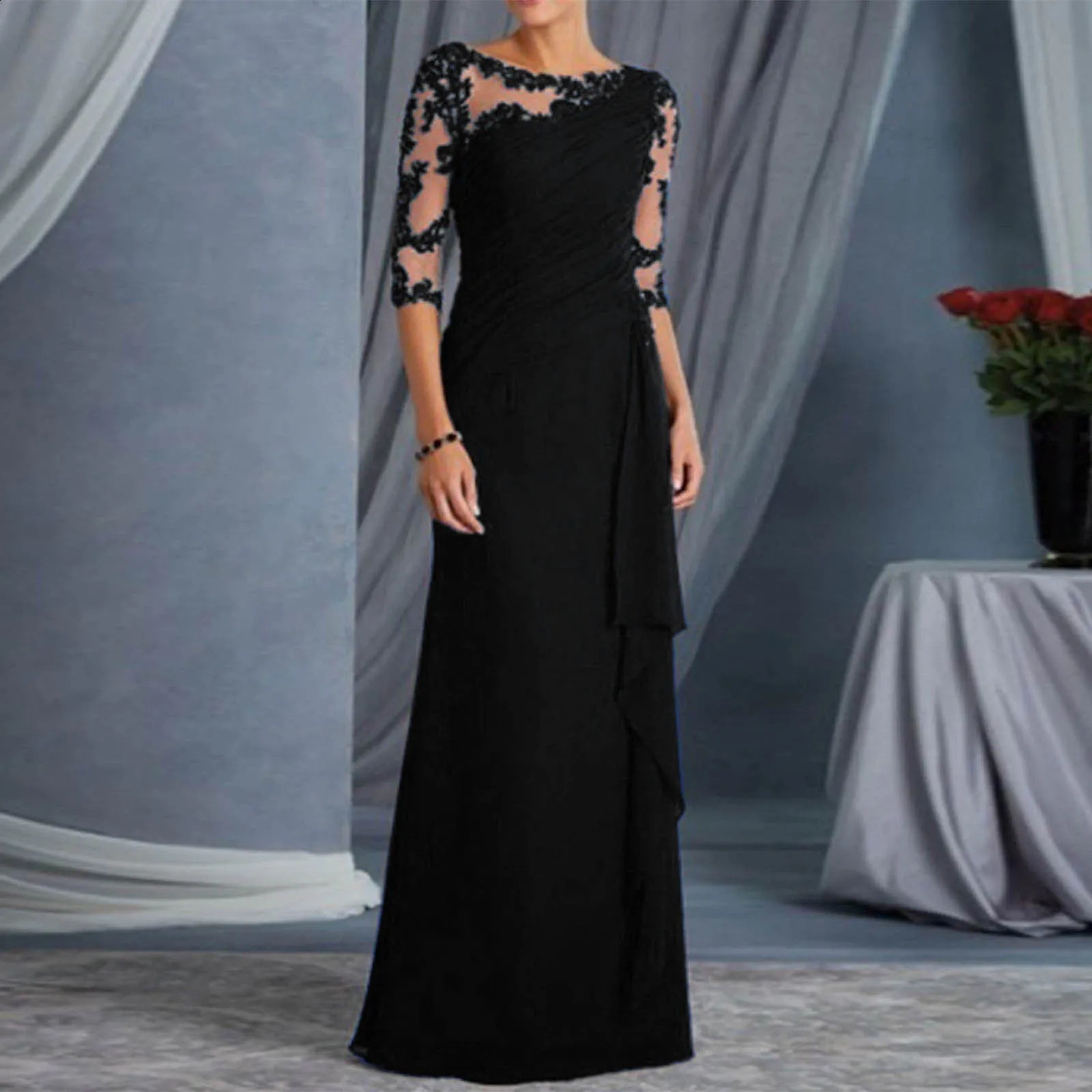 Women Elegant Lace See Through Prom Dress Sexy Round Neck Mid Sleeve Long Dress Formal Midi Evening Dress with Wave Ribbon