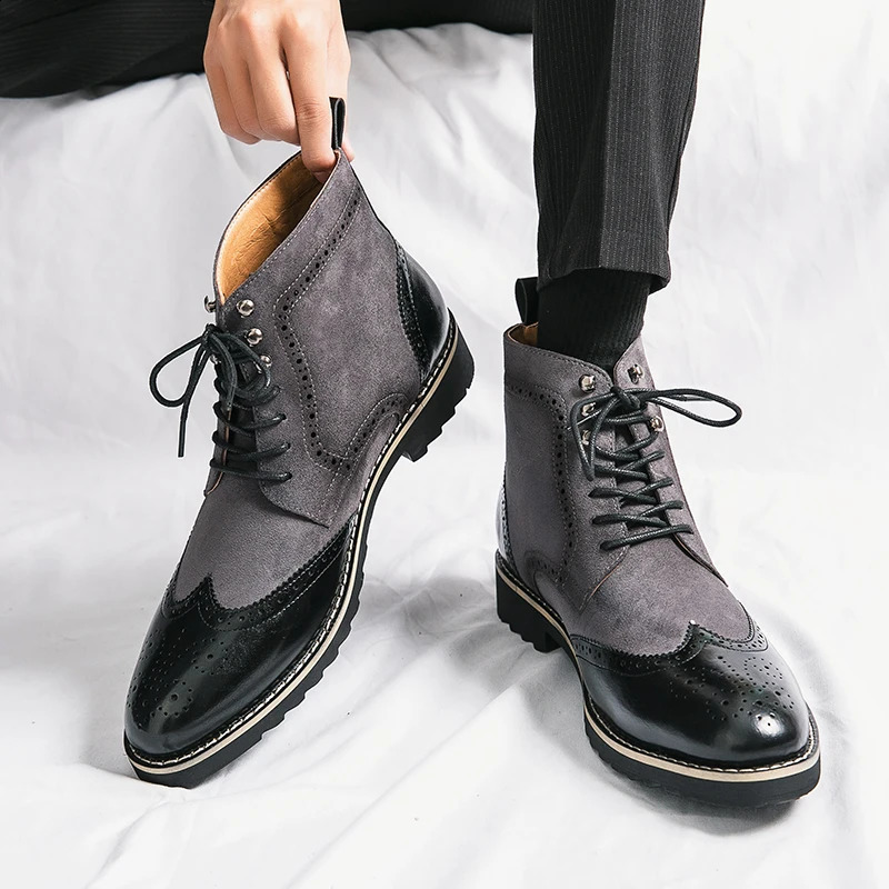 Men Dress Boots Classic Brogue Wingtip Lace-up High Ankle Business Boots 240828