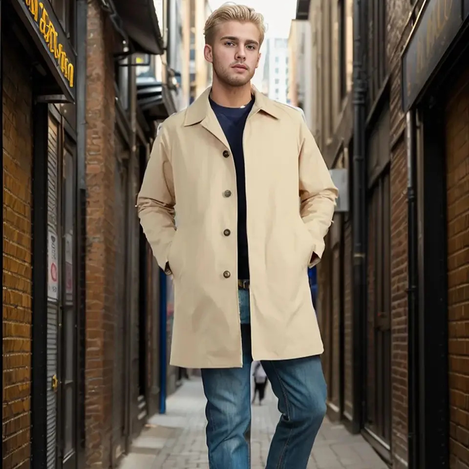 mens windproof spring and automatic solid color mens long sleeved lapel coat single-layer casual long thin coat 240829