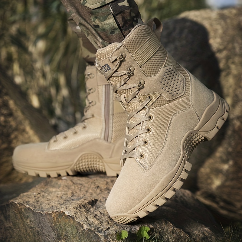 Men's solid color high top tactical work boots - waterproof, non-slip, comfortable, breathable, durable for outdoor hiking activities, rubber sol