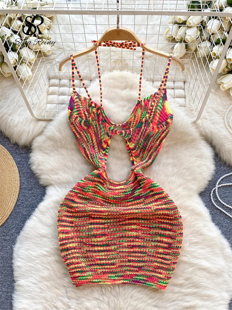 SINGREINY American Europen sweet Halter Lace up Mini Dress Ladies Hollow Slim Fashion Drawstring Bodycon Strap Knitted Dress 240828