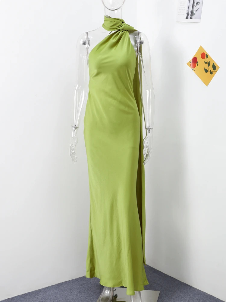 Party Satin Ribbon Halter Evening Dress Women Sexy Backless Off Shoulder Sleeveless Solid Long Female Dresses Lady Robes