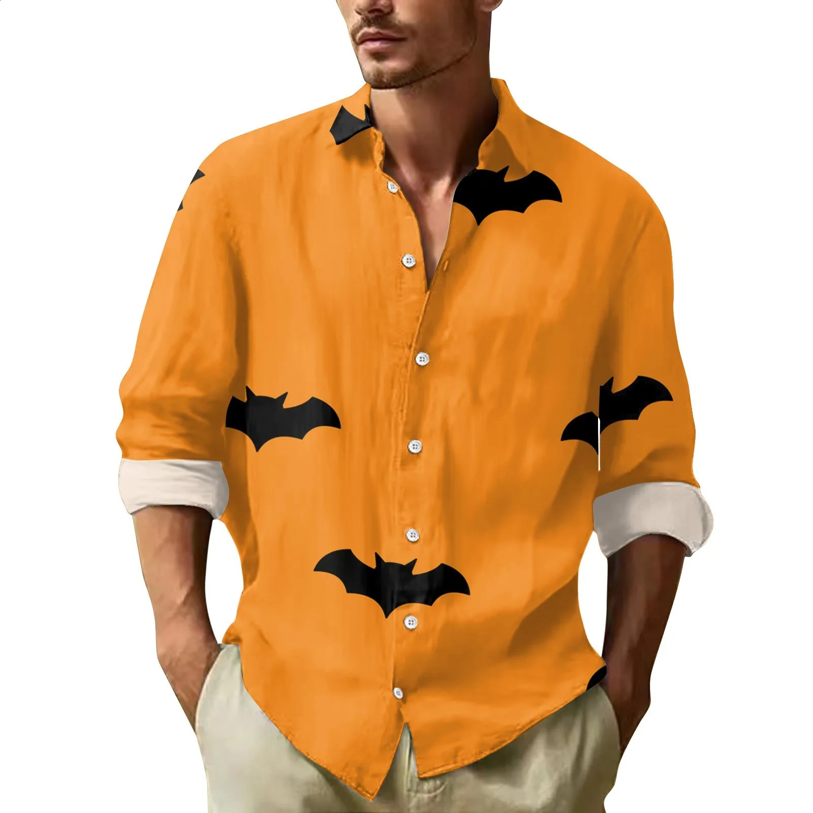 Mens Halloween printed shirt button long sleeved lapel shirt casual fashion version basic shirt top mens clothing 240829