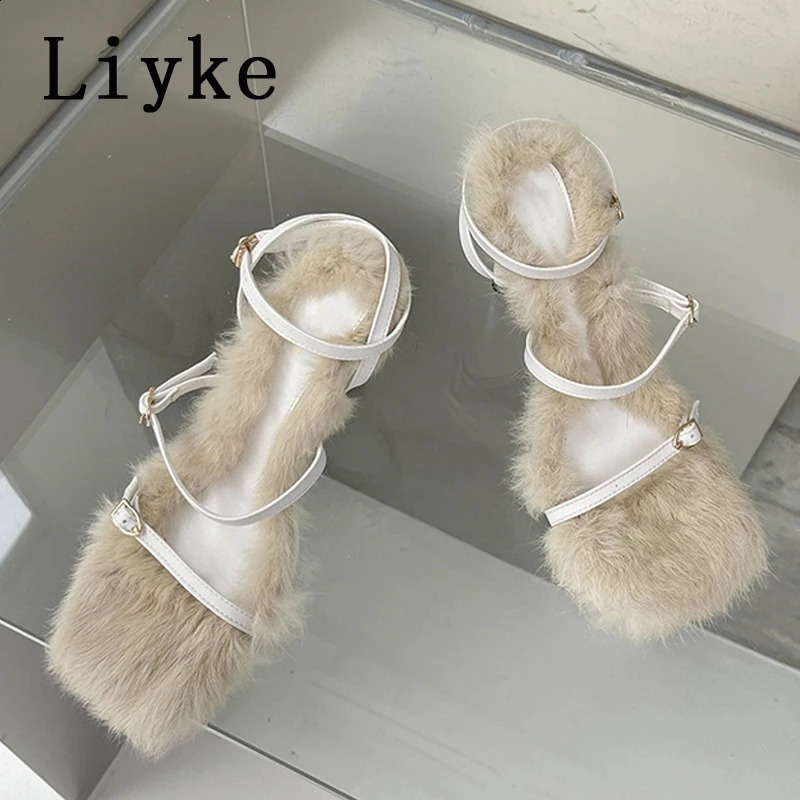 Liyke Size 35-40 Summer Party Dress Pink Sandals for Women 2024 Fashion Fur Feather Thin High Heels Square Lace Buckle Lace 240827