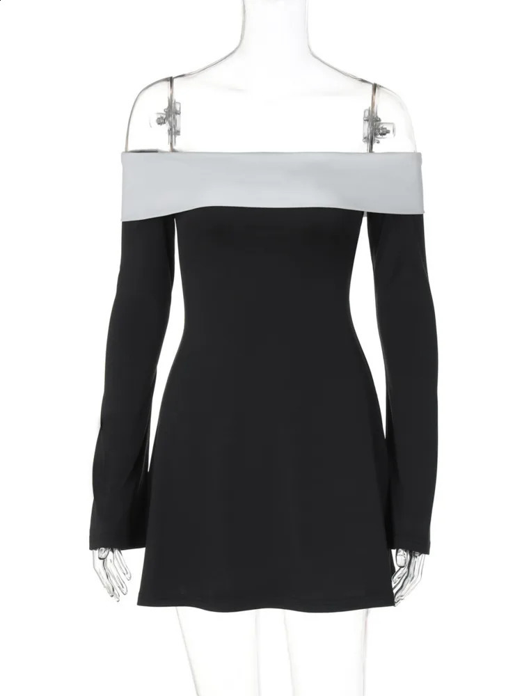 Mozision Womens Long Sleeve Mini Dress Autumn Winter Patch Work Strapless and Backless Aline Sexy Elegant 240828