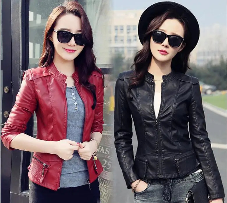 burgundy Women Pu Leather Short Slim Jacket Round Neck Zipper Coat Female Outerwear Fashion Jacke M-2XL red slim coat moto 240828