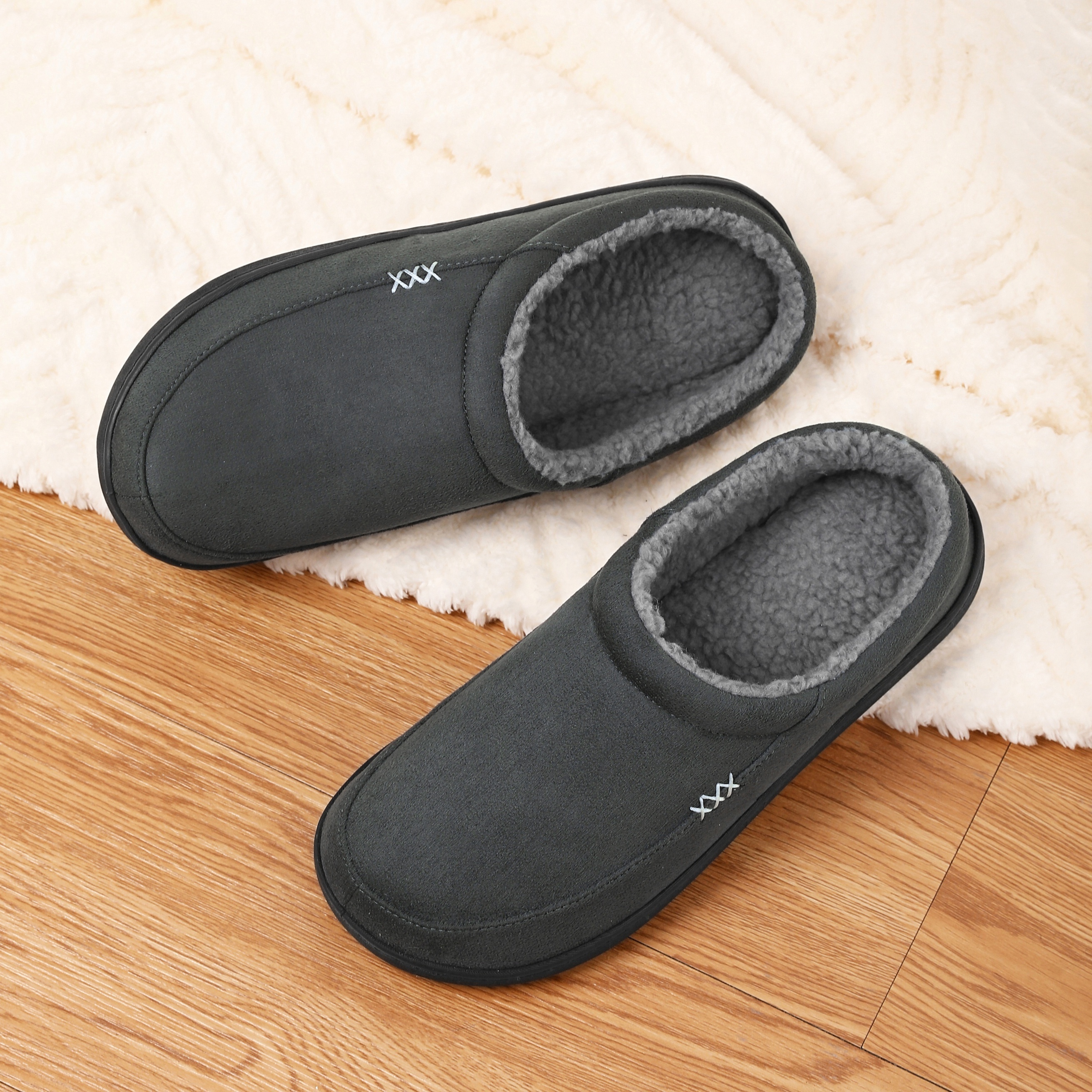PLUS SIZE Mens Solid Ultra-Cozy House Slippers - Lightweight, Ventilated & Anti-Skid - Plush Fleece Lined Slip-ons for Effortless Indoor - Ideal for A