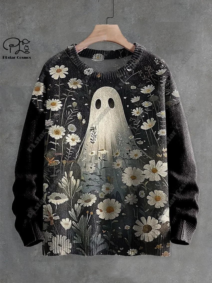 3D Printing Halloween Custom Series Horror Ghost Skull Witch Black Cat Pattern Ugly Sweater Street Casual Winter Sweater W-10 240829
