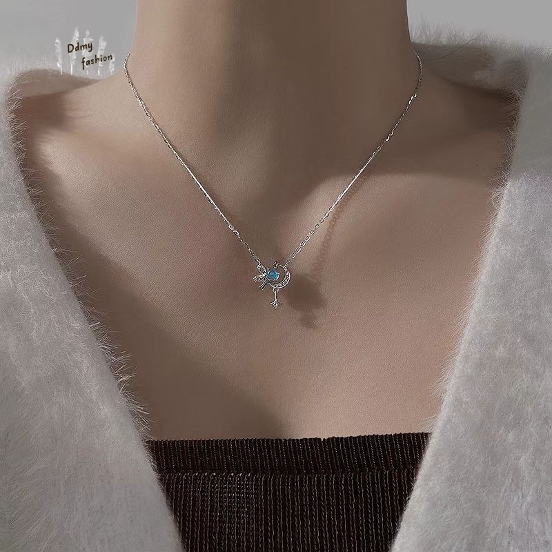 S999 pure sier moonstone star moon bow necklace for women's fashion, high-end, niche, new Valentine's Day gift F08.30-5.8 7fad1
