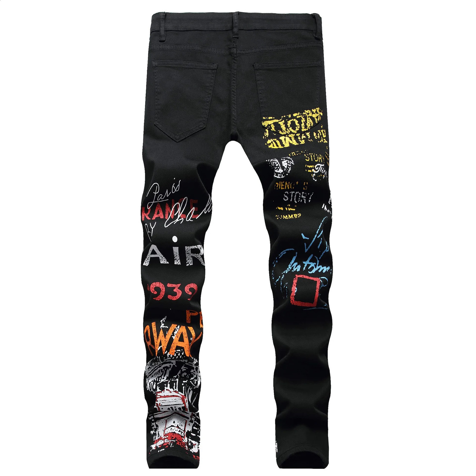 Mens fashion letter flame black printed jeans ultra-thin straight color painted elastic pants 240829