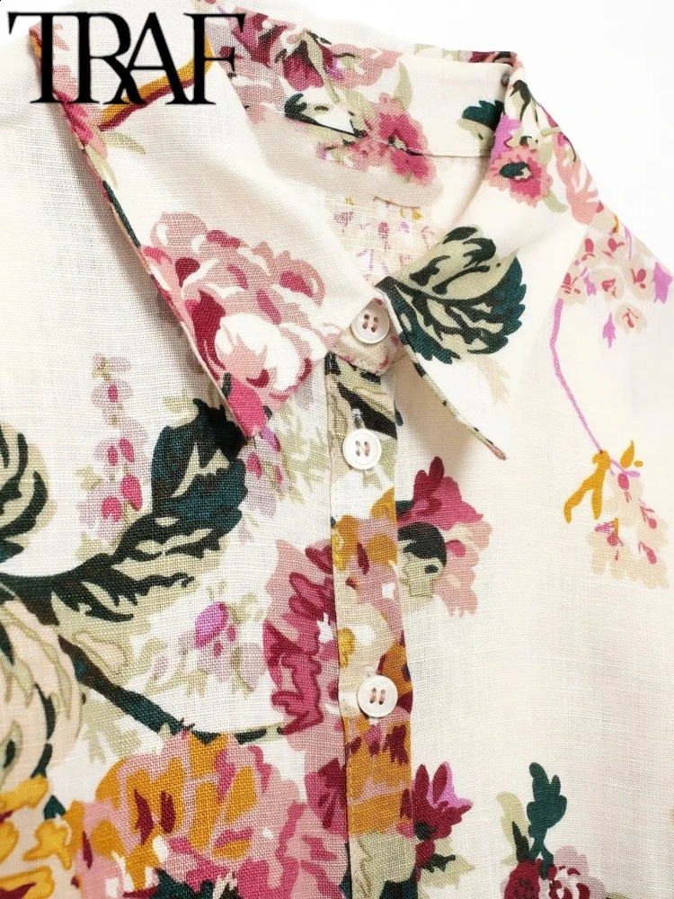TRAF Womens Autumn High Quality Linen Printed Shirt Long Sleeve Loose Belt Midi Dress Y2K 240829