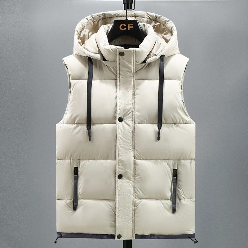 Wxw3643 black gray beige down jacket mens zipper sleeveless ultrathin winter vest hooded sweatshirt 240828