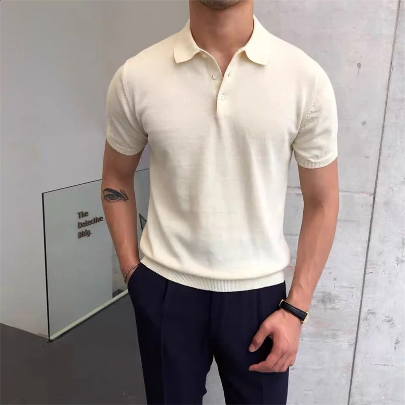 Summer Knitted Polo Shirt Solid Color Business Casual Mens Short Sleeve High Quality Golf Clothing 240828