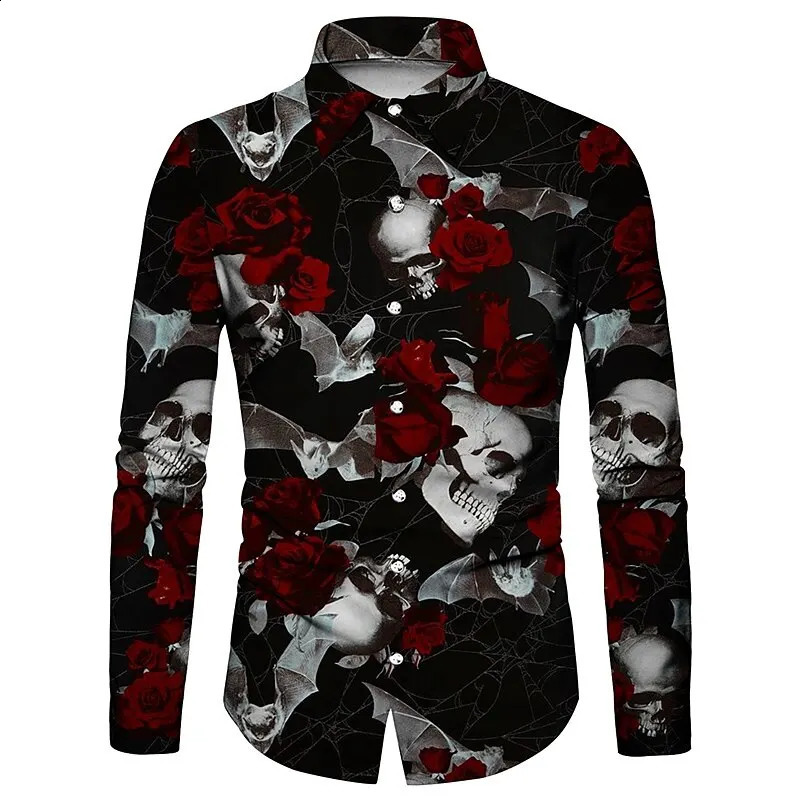 Flower Skull Rose Mens Shirt Sunflower Collar Halloween Street Long Sleeve Button Mens Clothing Fashion n 240829