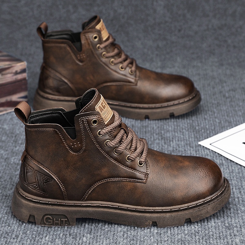 Men's vintage all seasons ankle boots, leather boots martin boots, durable leather lace-up shoes, non-slip sole