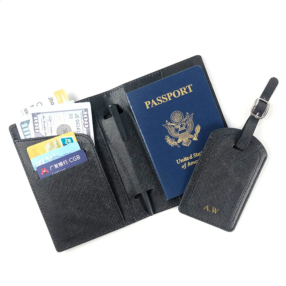 Free customized name passport cover luggage tag set fashionable Saffiano PU leather ticket holder personalized travel wallet 240829