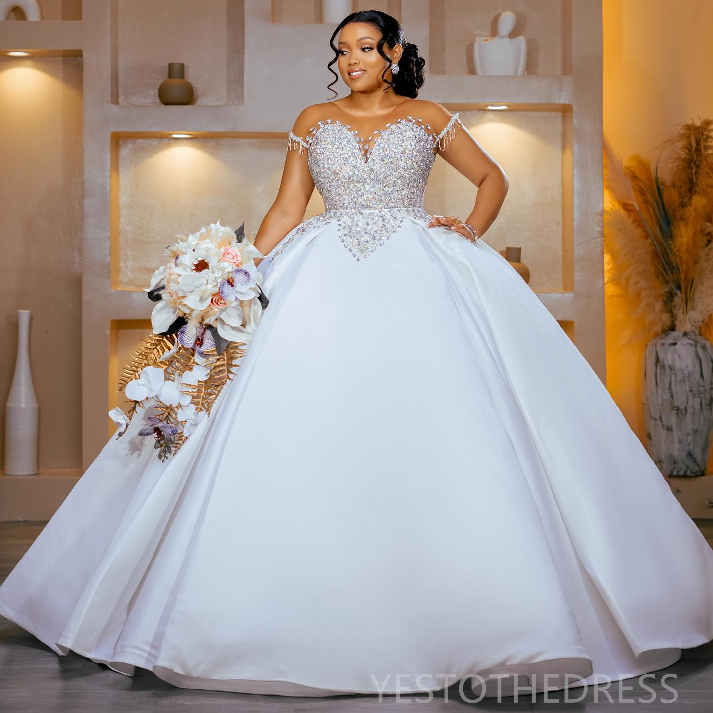 R&W 2024 Plus Size Dress Bride With Detachable Train Mermaid Ball Gown Wedding Dresse Bridal Gowns Sheer Neck Short Sleeves Beaded Marriage For Women 