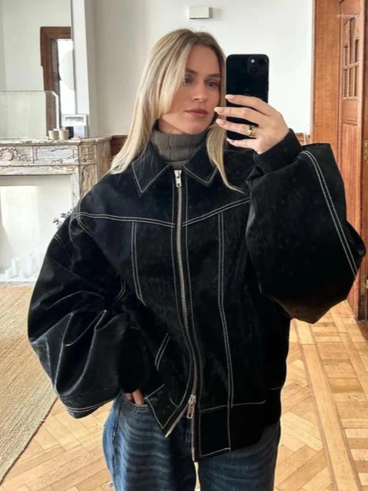 Women's Jackets Women Zipper Leather Bomber Coats Oversized Contrast Stitch Lapel Long Sleeve Jacket Motorcycle Autumn Outwear Tops