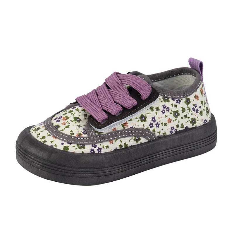 Girls floral printed canvas shoes lace soft childrens casual shoes fashionable childrens sports shoes spring French style 2024 new W250318