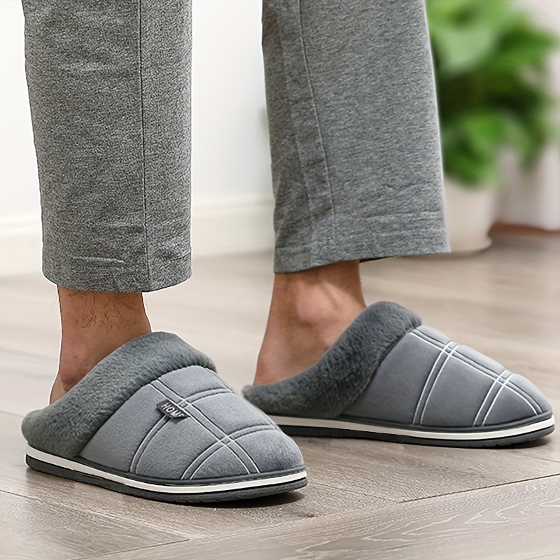 Cozy Plaid Slippers Men - Soft Fuzzy Fabric, Non-Slip TPR Sole, Round Toe, Slip-On Design, Comfortable for Indoor Winter Wear, Bedroom, England-Inspir
