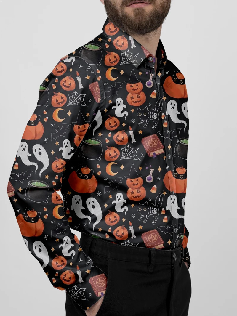 Spring and Autumn Outdoor Halloween Mens Clothing Casual Ghost Pumpkin Pattern Boat Collar Button Long Sleeve Pattern Novel Costu 240829