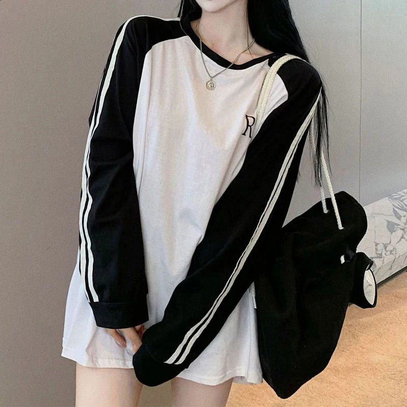 MEXZT Streetwear womens striped patch work too large Pullover Korean Harajuku letter printing loose casual hooded top 240827