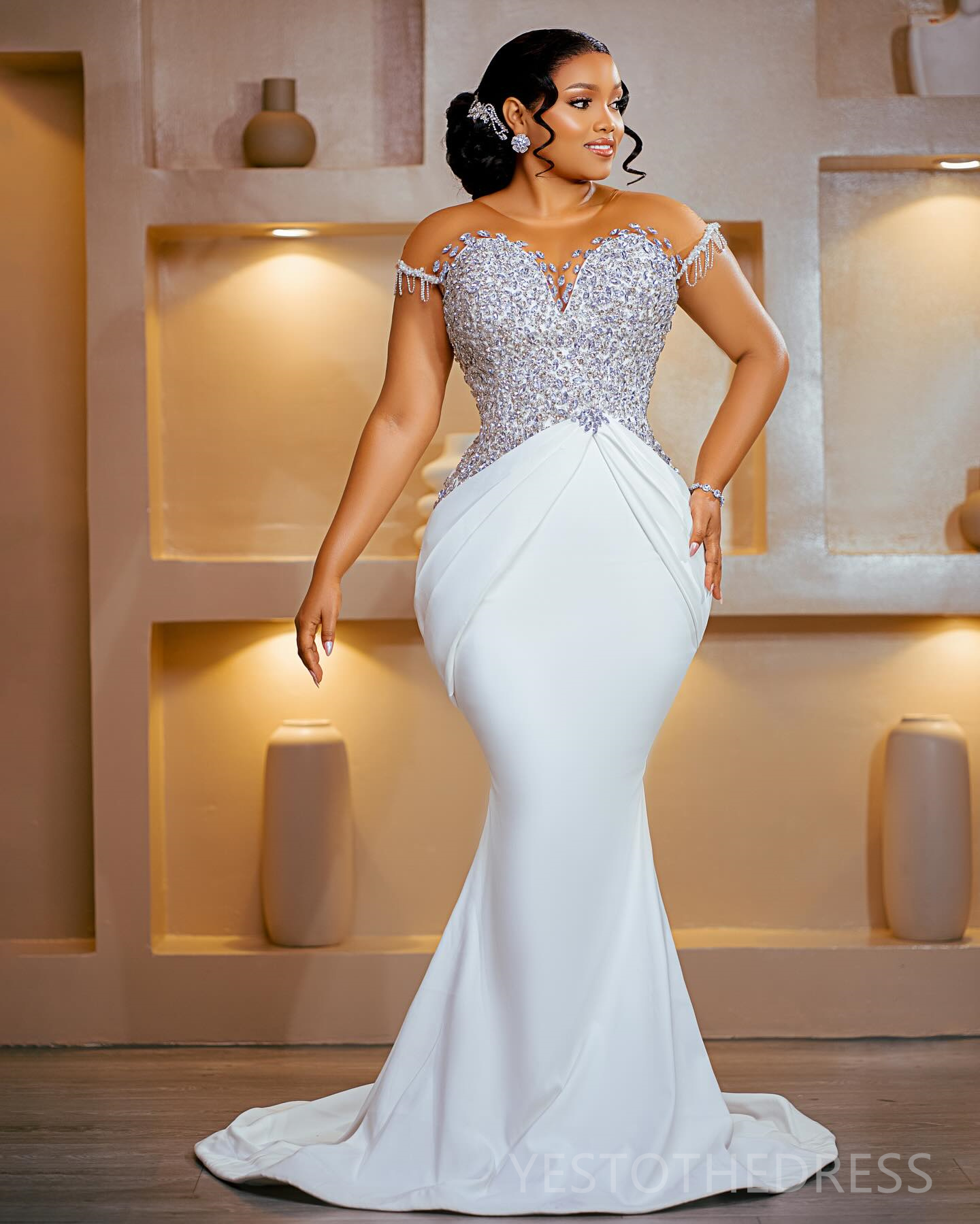 R&W 2024 Plus Size Dress Bride With Detachable Train Mermaid Ball Gown Wedding Dresse Bridal Gowns Sheer Neck Short Sleeves Beaded Marriage For Women 