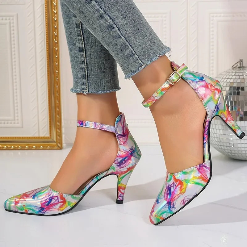 Womens shoes fashion ankle strap womens pump spring point toe light mixed color button dress slim high heels or thin high heels 240827