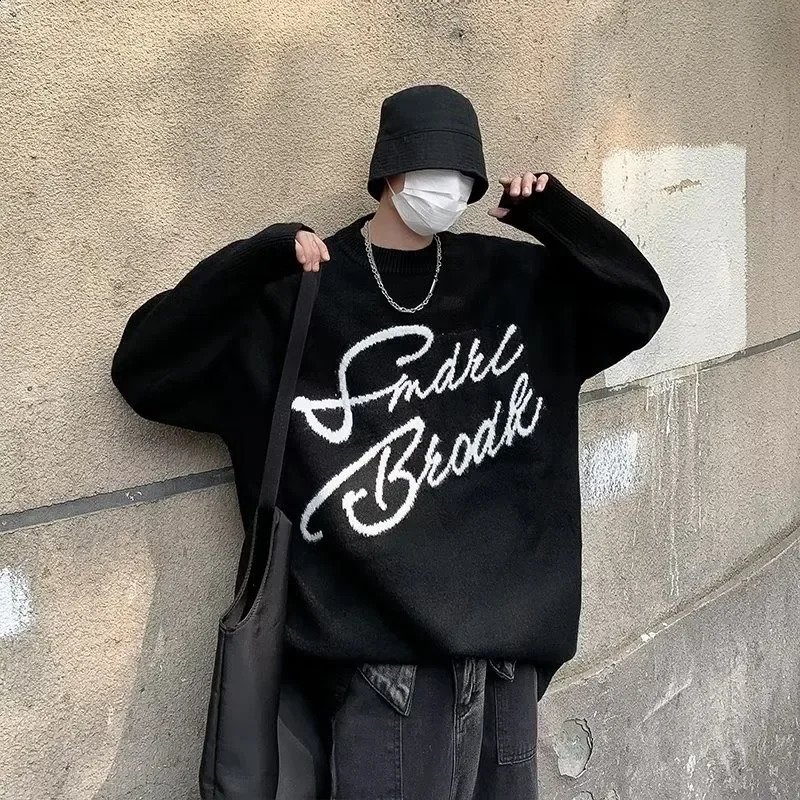 Knitted sweater mens Korean fashion street handsome letter color blocks personality winter Ins sweater 240829