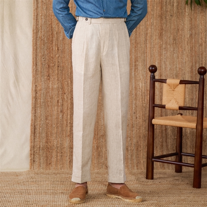 Commercial style Naples breathable 100% linen mens casual double pleated high waisted straight fashion suit pants 240828