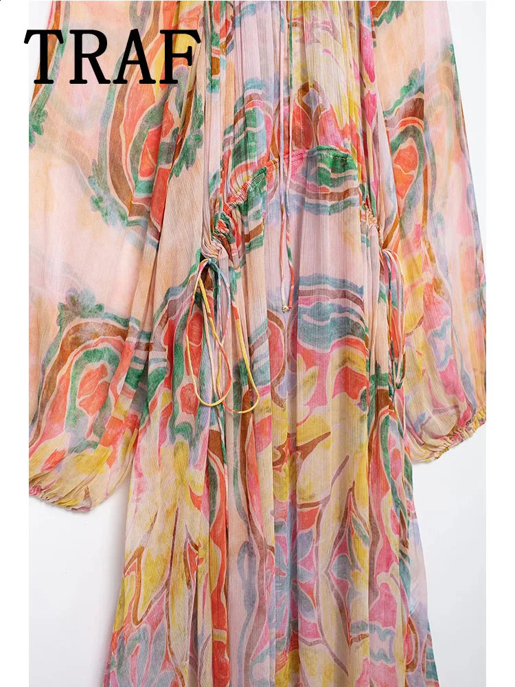 TRAF Womens Summer Midi Printed Long Sleeve Casual Elegant Party Dress 240828