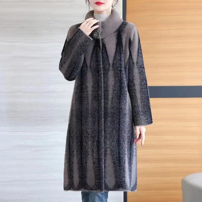 Autumn and winter mink jacket womens high-end plus size 6XL wool coat middle-aged and elderly mother collar jacket womens fashionable top 240828