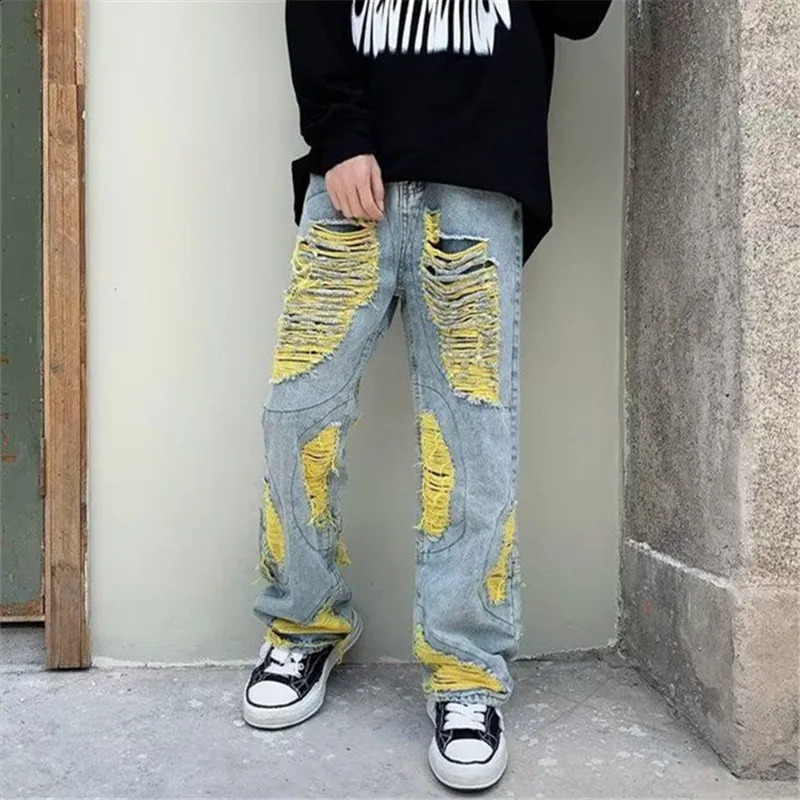 Hip Hop Ripped Jeans Mens clothing High Street Y2K Loose Straight Pants Button Pocket Spring Summer Trousers A047 240828