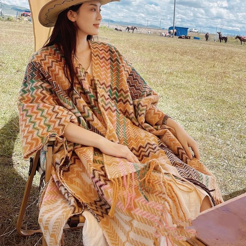 Poncho Knitted Cloak Ethnic Style Capes Tassel Cardigan Sweater Loose Oversized Shawl Wraps Vintage Striped Women Travel Coat 240828