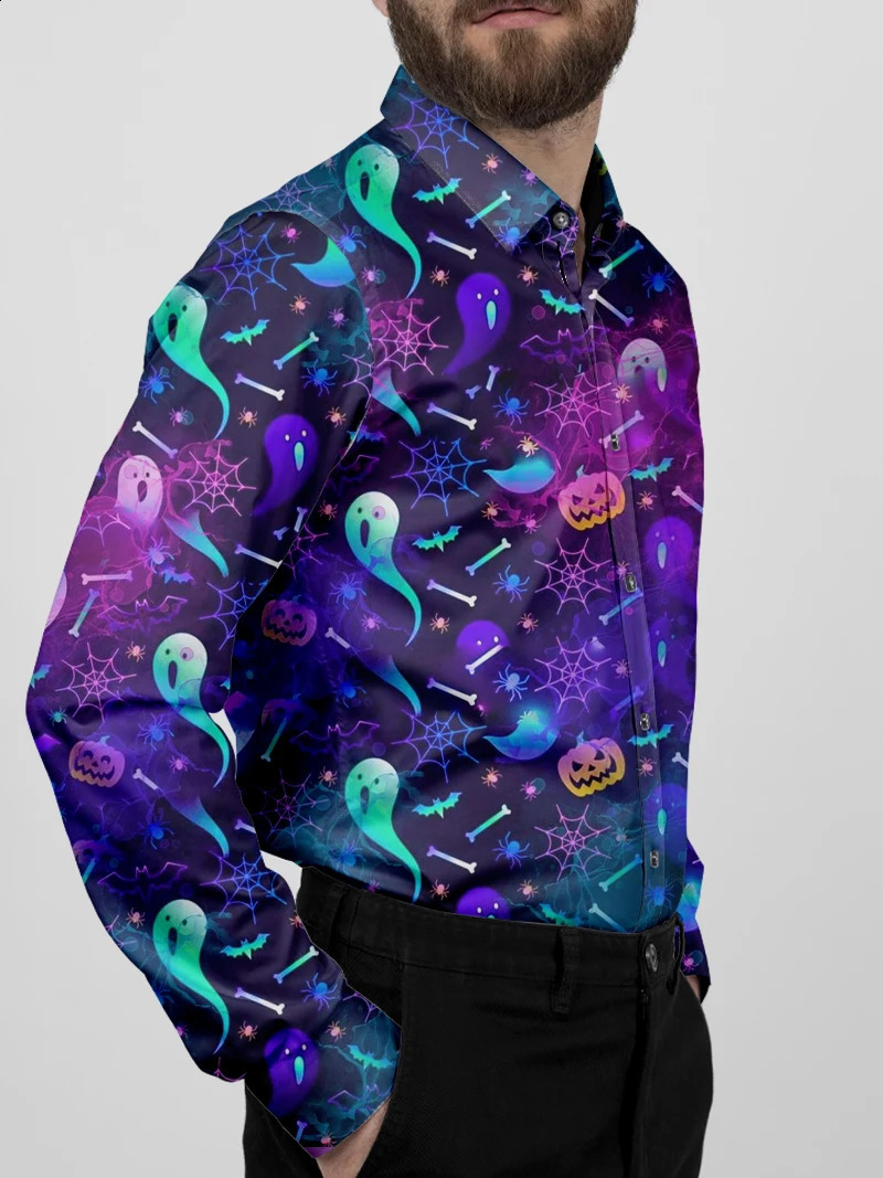 Spring and Autumn Outdoor Halloween Mens Clothing Casual Ghost Pumpkin Pattern Boat Collar Button Long Sleeve Pattern Novel Costu 240829