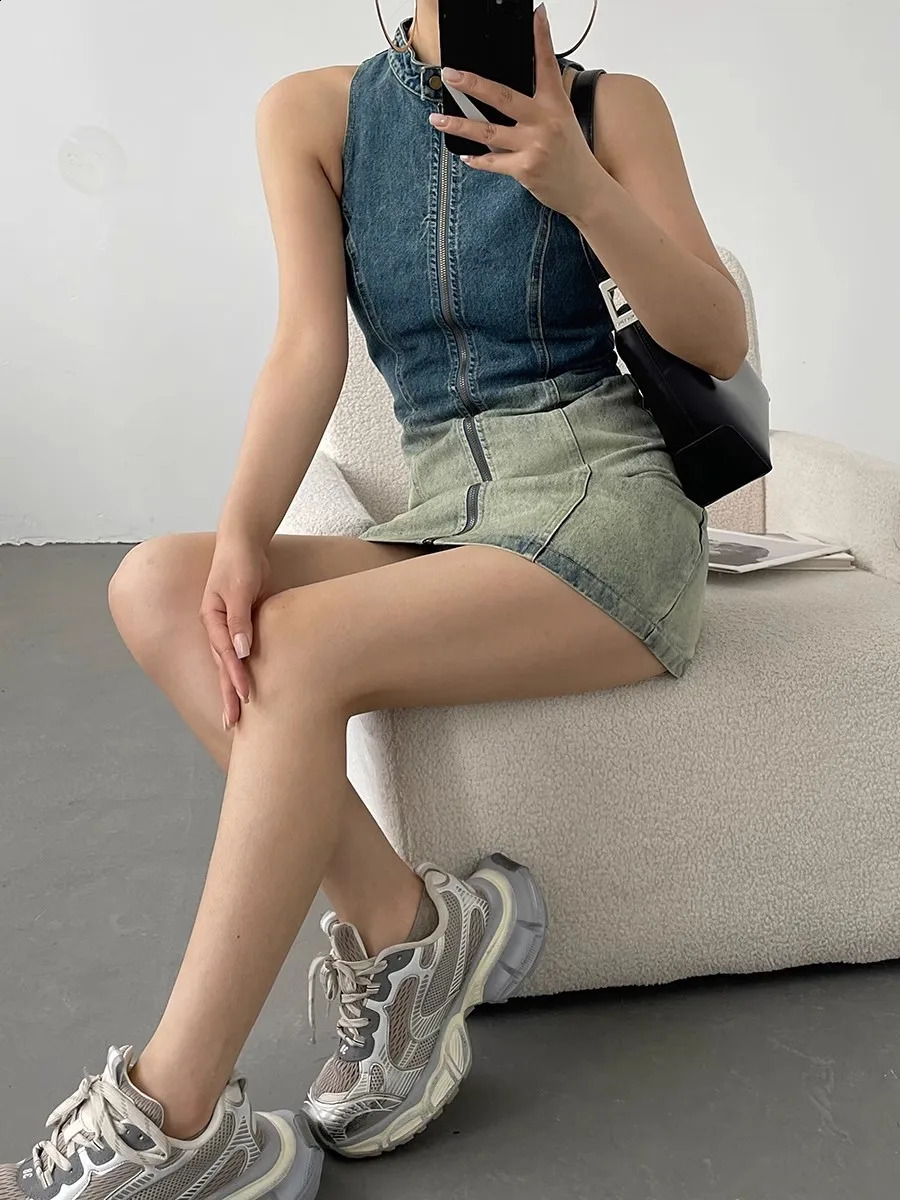 Sexy Women Vintage Zipper Denim Dress Turtleneck Sleeveless Dress Party Celebrity Bodycon Vestidos 240828