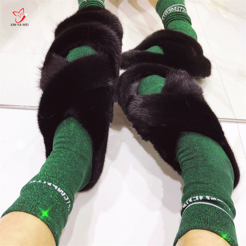 winter womens real mink fur fashion ladies furry women girls flat slippers outside shoes