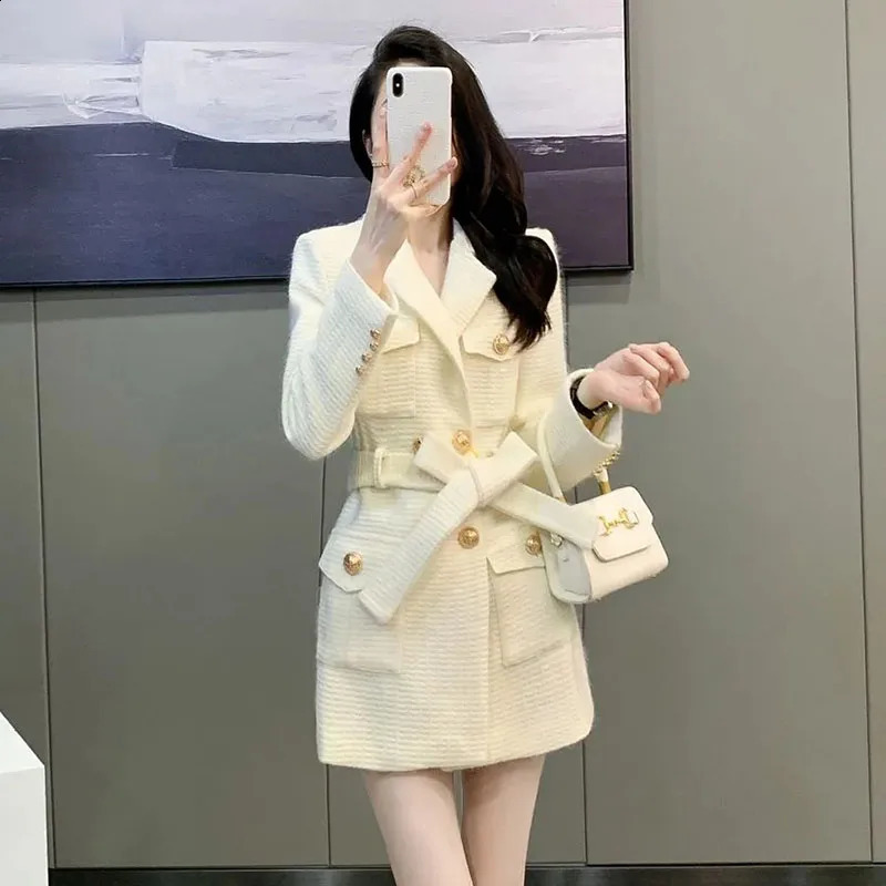 Wool Womens Jacket Autumn/Winter Korean Fashion Set Collar Ultra Thin Wool Womens Coat Medium length Warm Womens Coat Top 240828