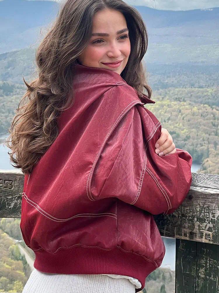 Women's Jackets Women Zipper Leather Bomber Coats Oversized Contrast Stitch Lapel Long Sleeve Jacket Motorcycle Autumn Outwear Tops